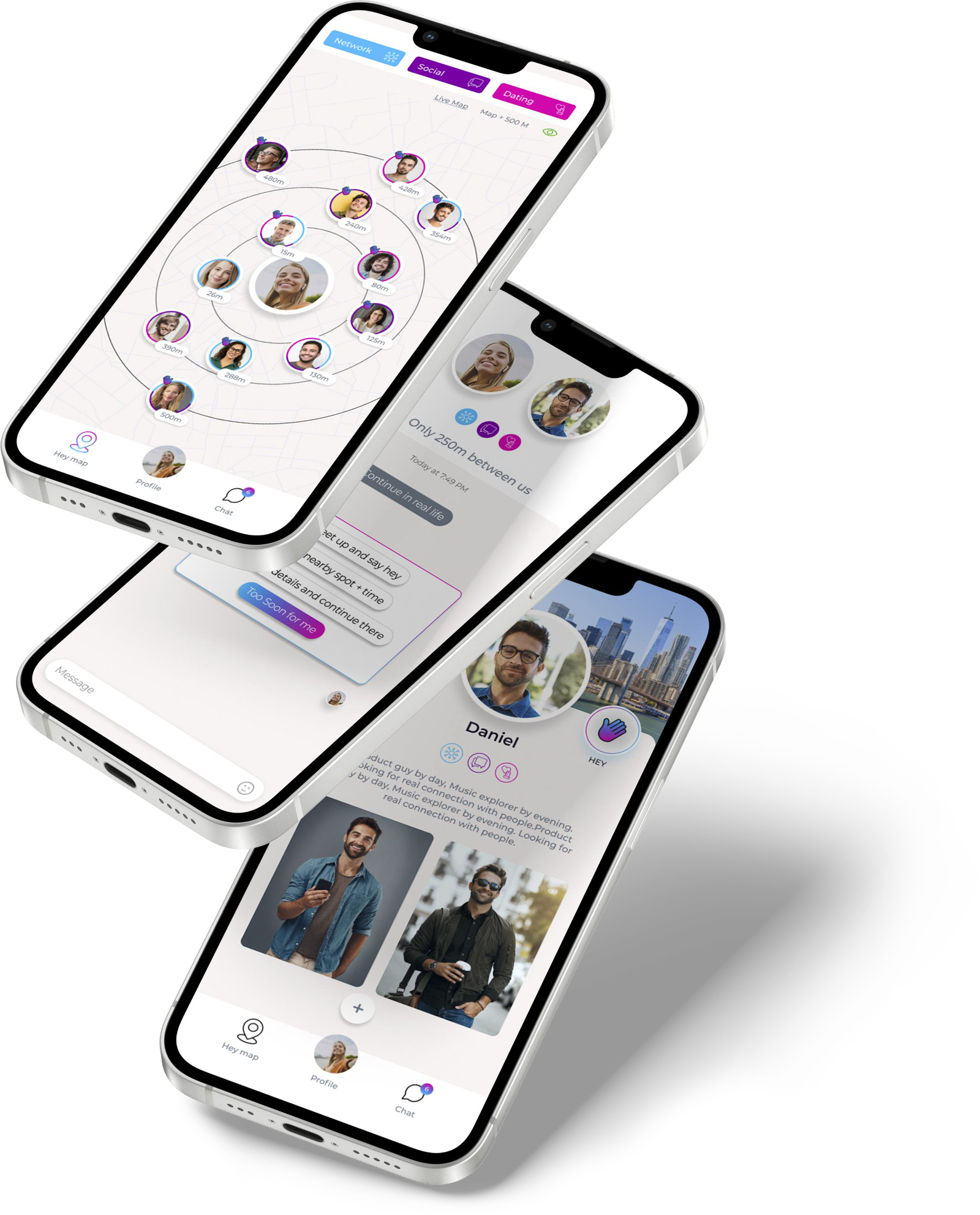 The Hey app: a live map of relevant people nearby, a profile, and a chat